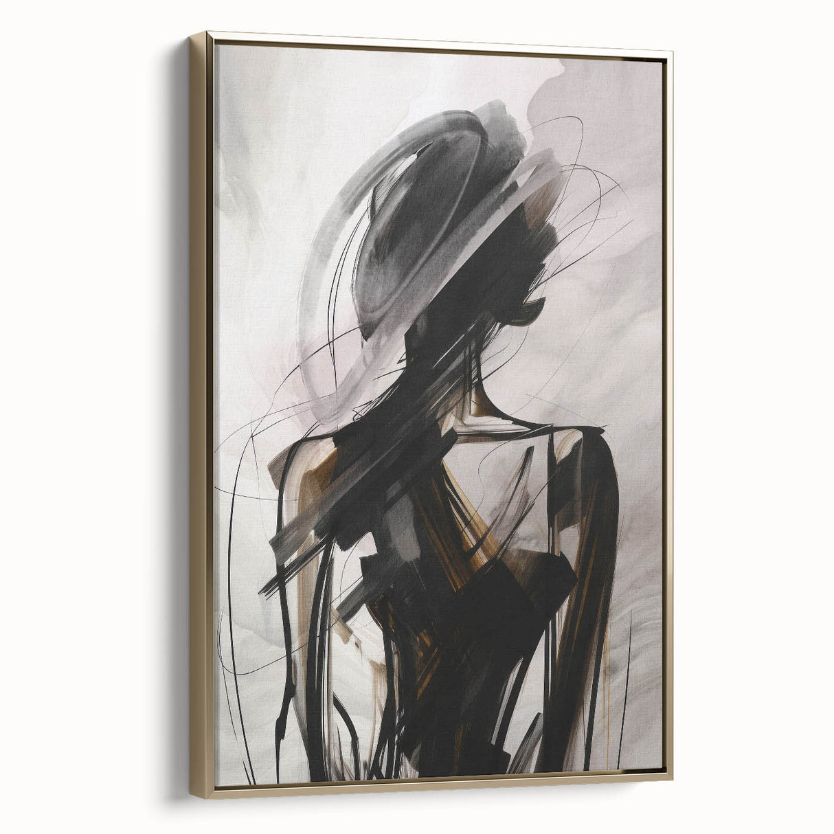 Framed abstract modern wall art collection showcasing a gold and black design, elegantly displayed in a sleek frame, perfect for contemporary decor.