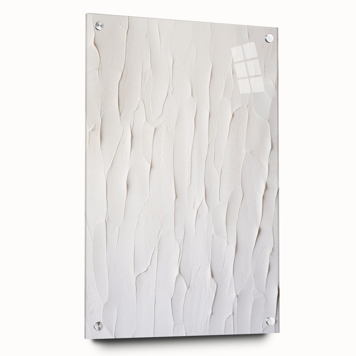 Abstract modern wall art collection displayed in acrylic glass, showcasing vibrant colors and unique shapes, mounted with decorative pins for a contemporary aesthetic.