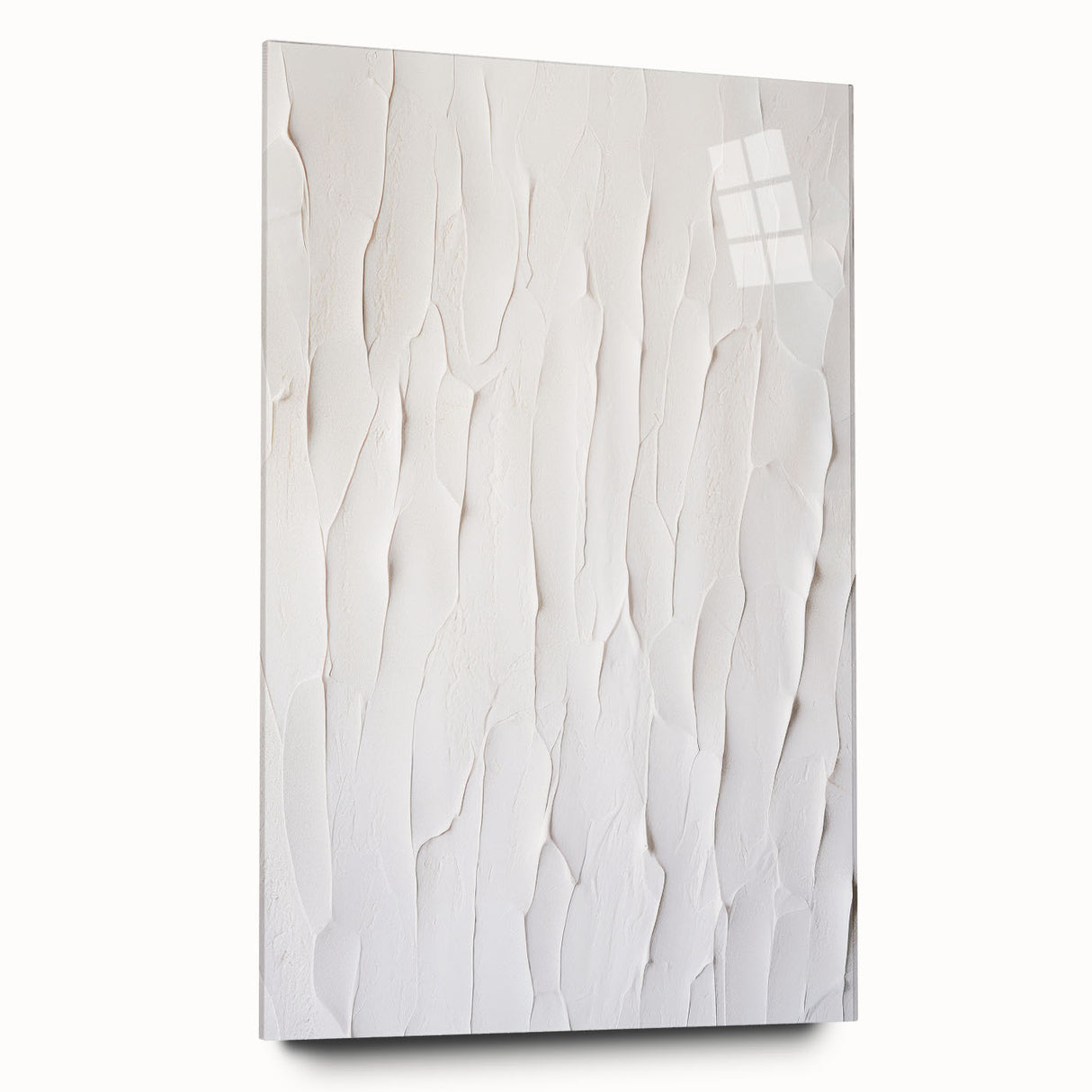 Acrylic glass wall art collection showcasing modern abstract design with vibrant colors and geometric shapes, viewed from the side without pins.