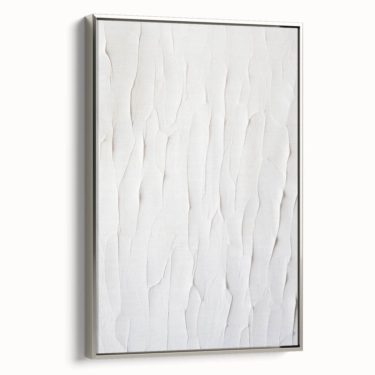 Framed modern abstract wall art in silver tones, showcasing a geometric design with a sleek side view, perfect for contemporary decor.
