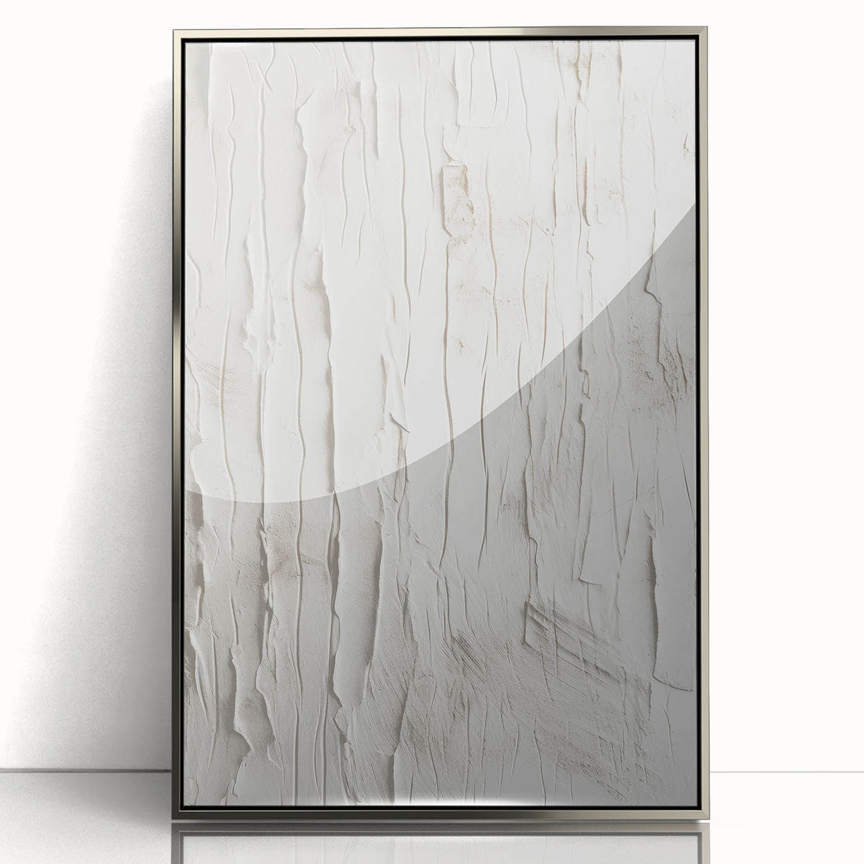 Framed acrylic wall art featuring a modern abstract design in silver tones, showcasing geometric shapes and smooth lines, perfect for contemporary decor.