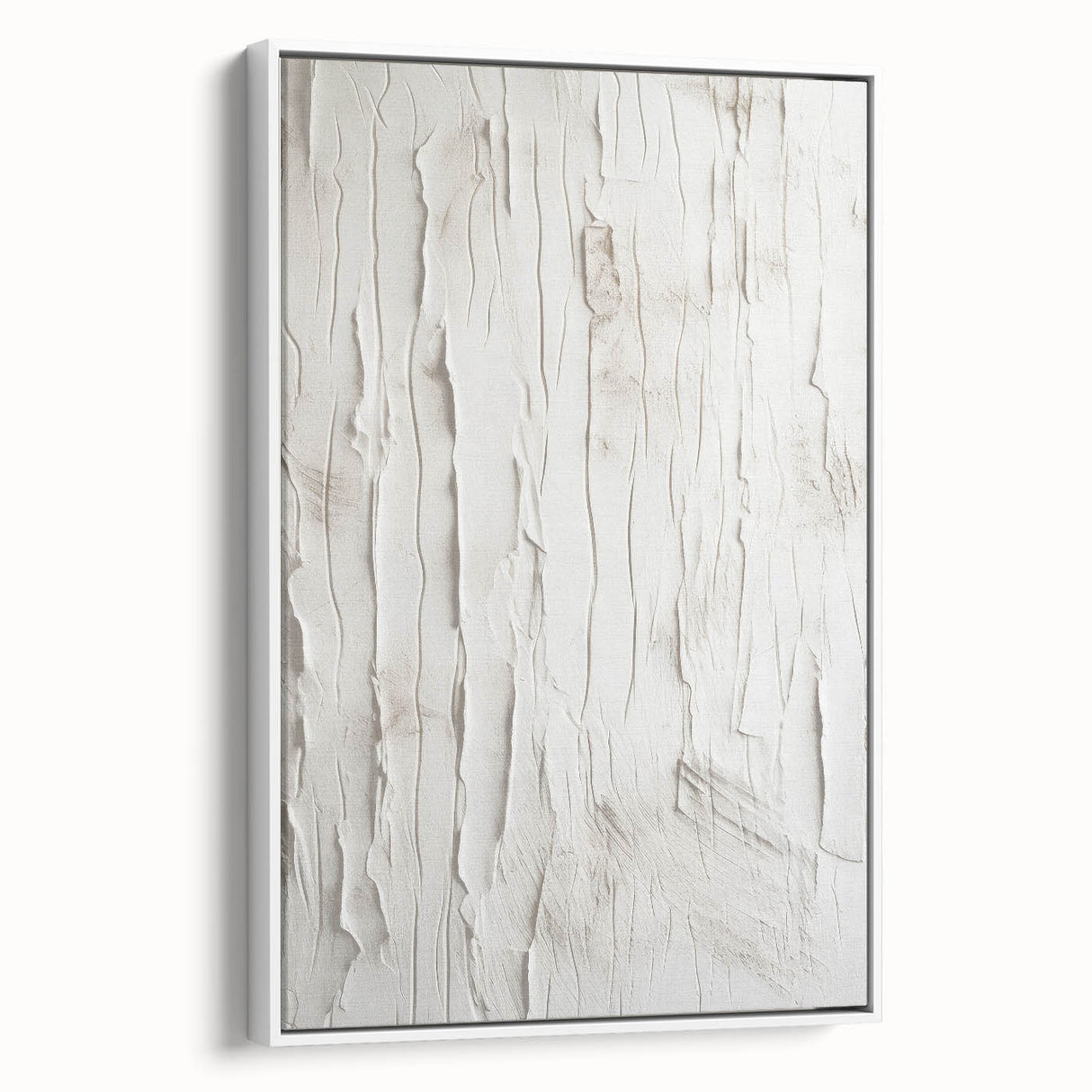 Framed modern abstract wall art collection showcasing vibrant colors and geometric patterns on a white background, viewed from the side to highlight depth and texture.