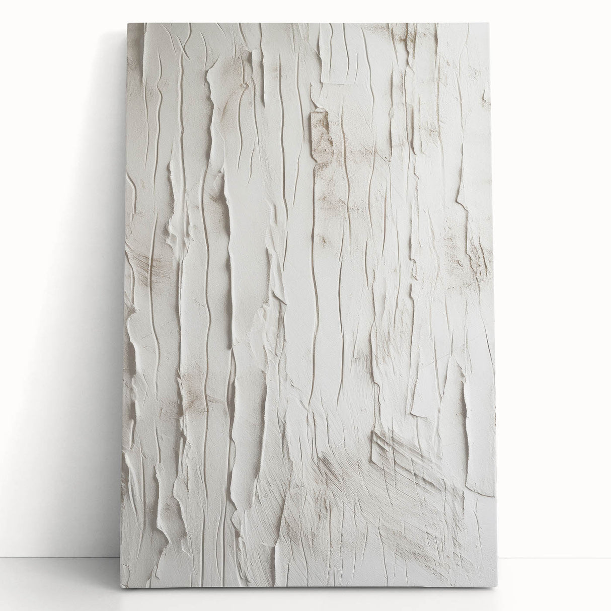 Abstract modern wall art featuring vibrant colors and geometric shapes on stretched canvas, elegantly leaning against a neutral wall, perfect for contemporary decor.