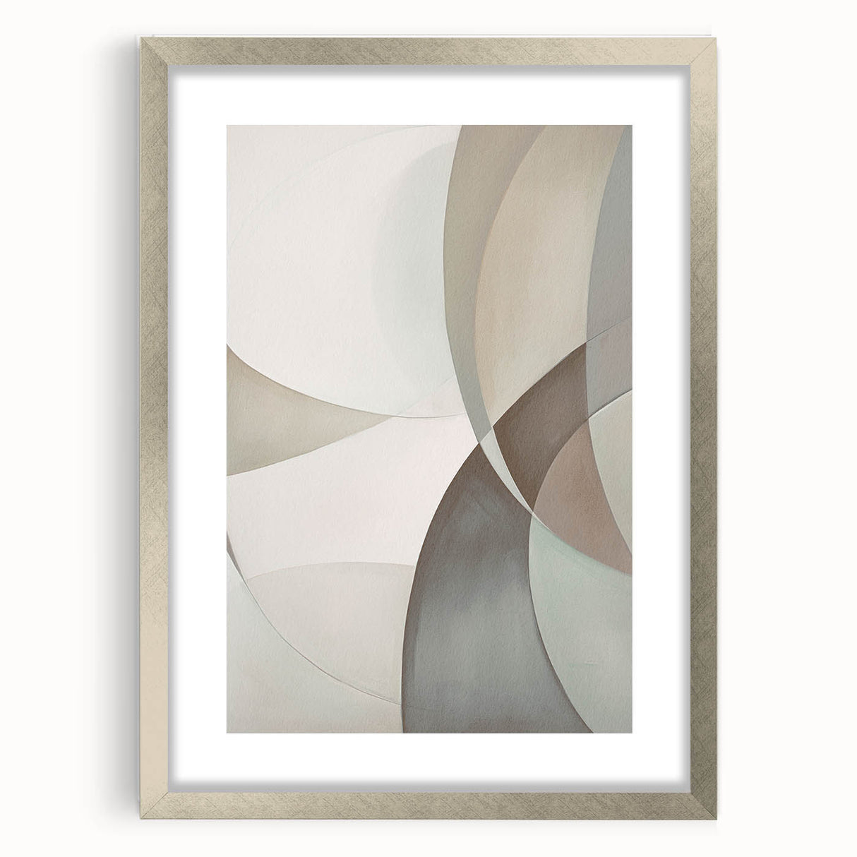 Abstract modern wall art collection featuring a silver frame and mat, showcasing geometric patterns and vibrant colors, ideal for contemporary home decor.