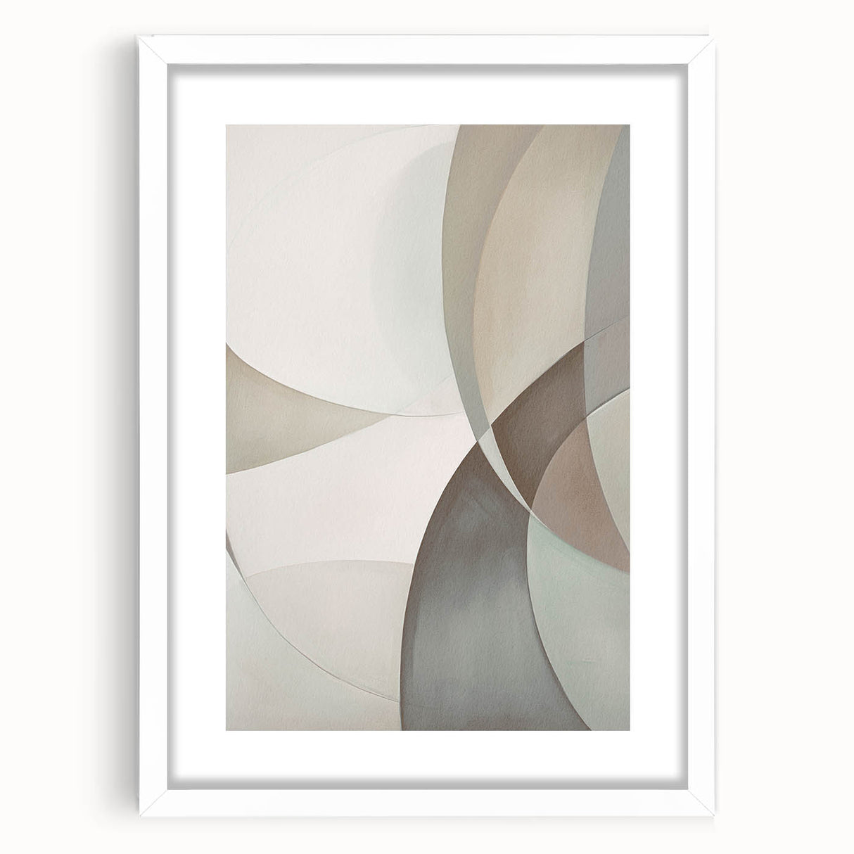 Abstract modern design wall art collection featuring a sleek white frame with matting, showcasing a vibrant and colorful geometric pattern, perfect for contemporary decor.