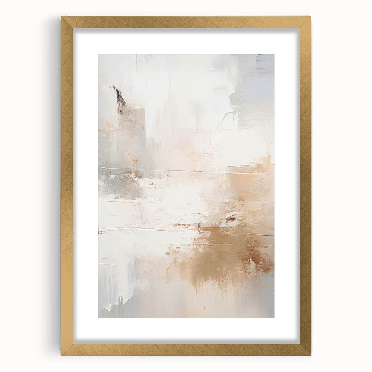 Abstract modern wall art collection showcasing a gold-framed piece with a mat, featuring geometric patterns and a contemporary design, perfect for enhancing home decor.