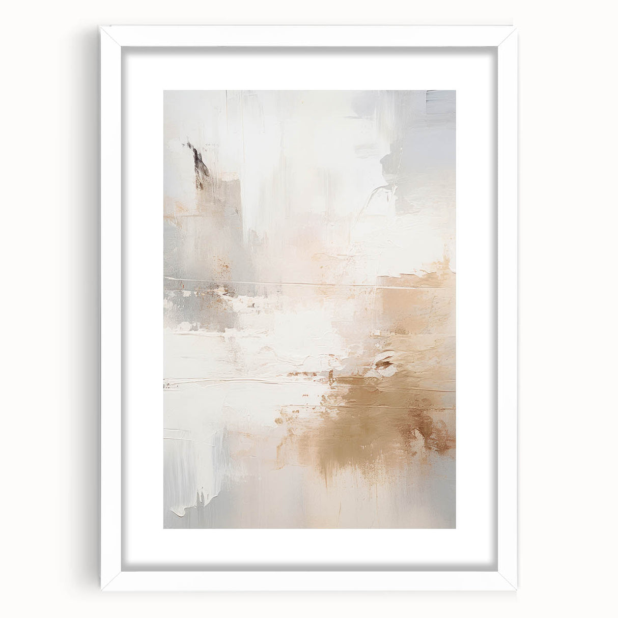 Abstract modern wall art collection featuring a white frame and mat, showcasing geometric patterns and vibrant colors, ideal for contemporary home decor.