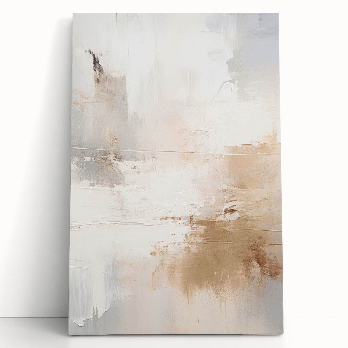 Abstract modern wall art collection featuring colorful geometric shapes and lines on stretched canvas, leaning against a neutral wall, perfect for contemporary home decor.