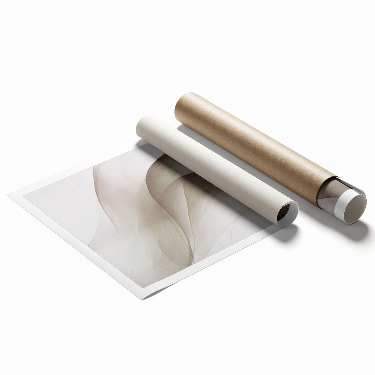 Abstract modern wall art collection featuring vibrant geometric shapes in shades of blue, orange, and yellow, designed for contemporary home decor. The rolled print is packaged securely in a protective cardboard tube for easy shipping and storage.