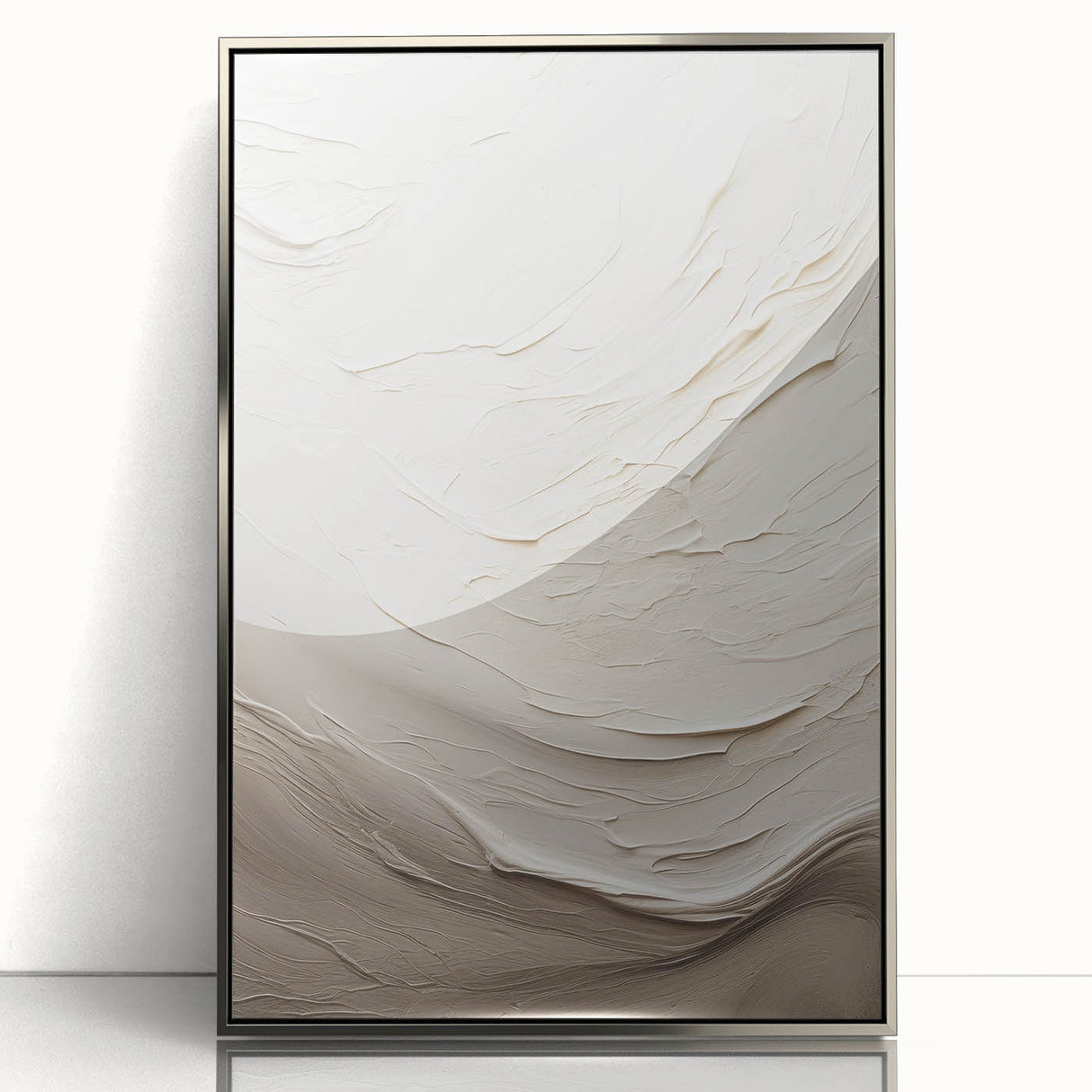 Framed abstract modern wall art design featuring a sleek silver acrylic finish, showcasing geometric patterns and vibrant colors, ideal for contemporary home decor.