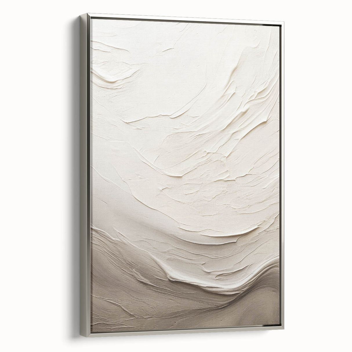 Framed abstract modern wall art collection showcasing a sleek silver design, viewed from the side, perfect for contemporary home decor.