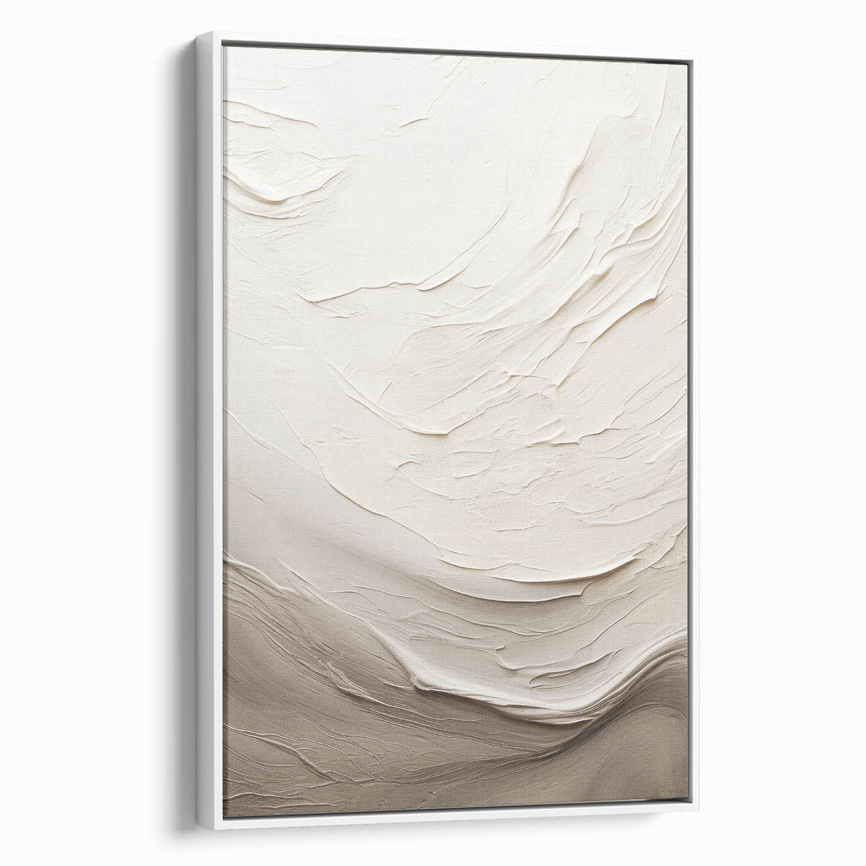 Framed wall art featuring an abstract modern design with vibrant colors, displayed in a sleek white frame, showcasing depth and contemporary style for home decor.