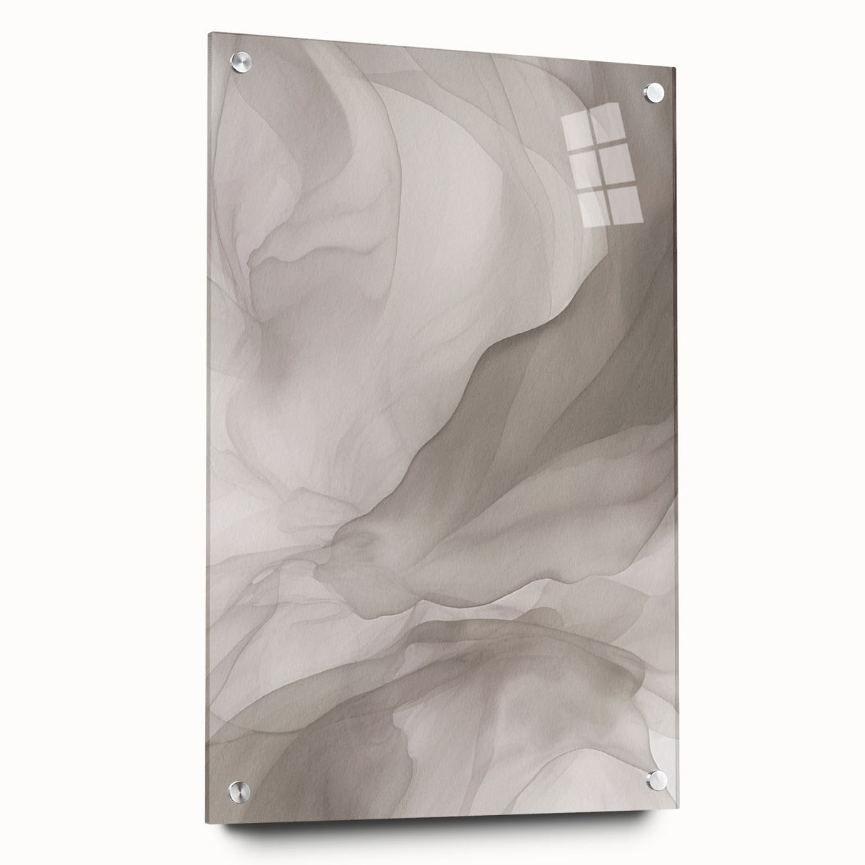 Abstract modern wall art collection displayed in acrylic glass, showcasing vibrant colors and geometric patterns, secured with decorative pins.