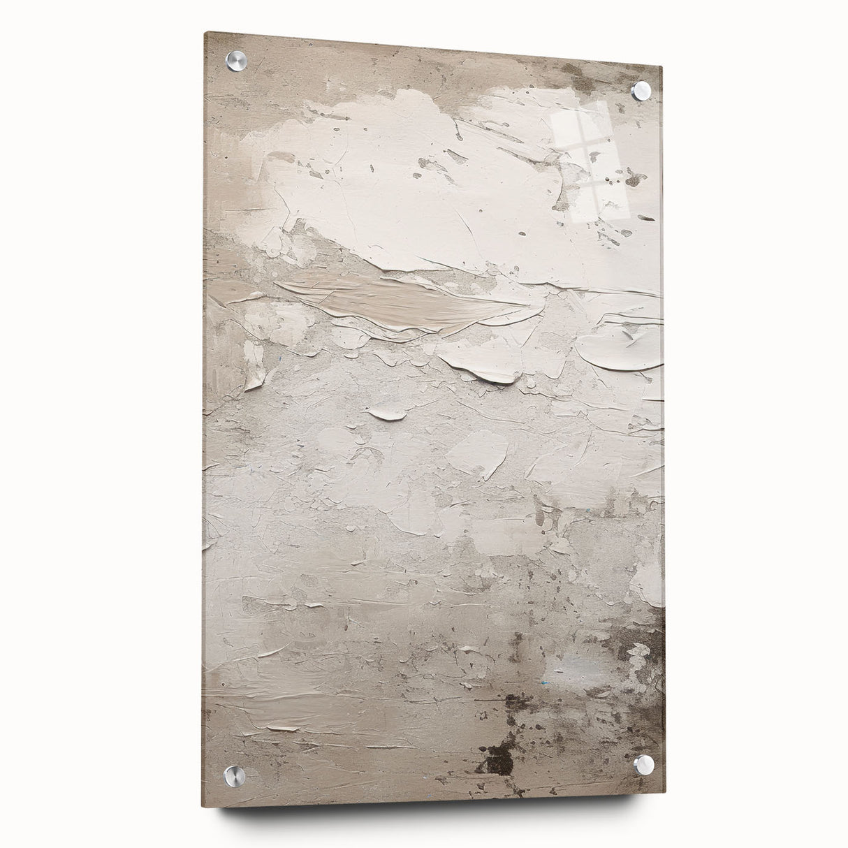 Acrylic glass wall art showcasing an abstract modern design with vibrant colors and geometric patterns, mounted with pins for an elegant display.