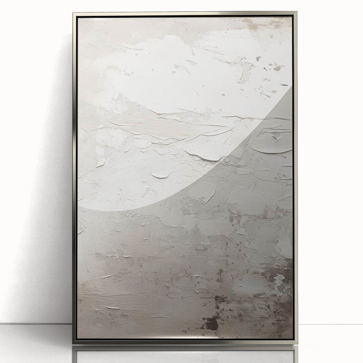 Framed abstract modern wall art design featuring a sleek silver acrylic front, ideal for contemporary home decor. This piece adds a stylish touch to any living space, showcasing unique geometric patterns and a polished finish.