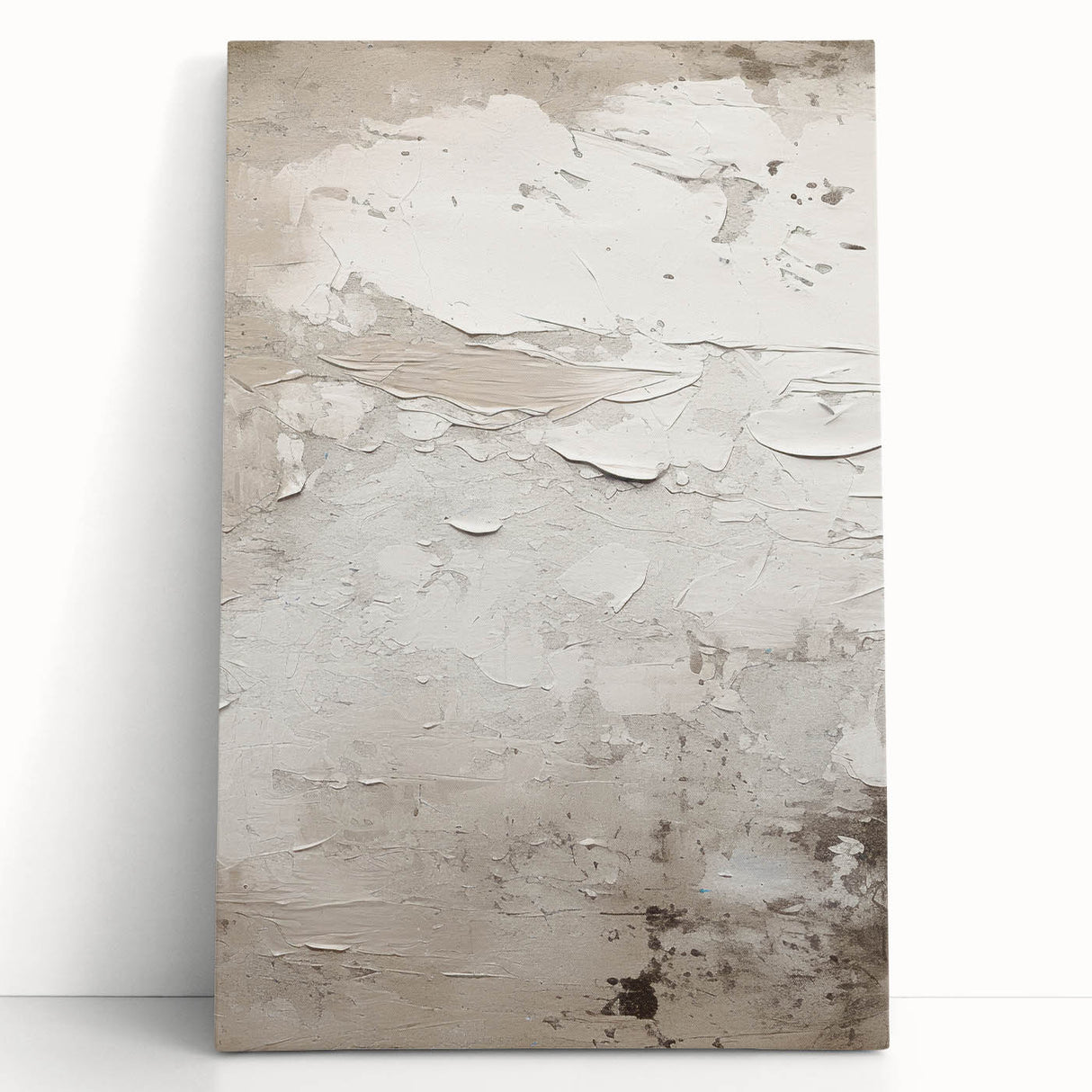 Abstract modern design wall art collection featuring vibrant colors and geometric shapes on stretched canvas, leaning against a neutral wall, ideal for contemporary home decor.