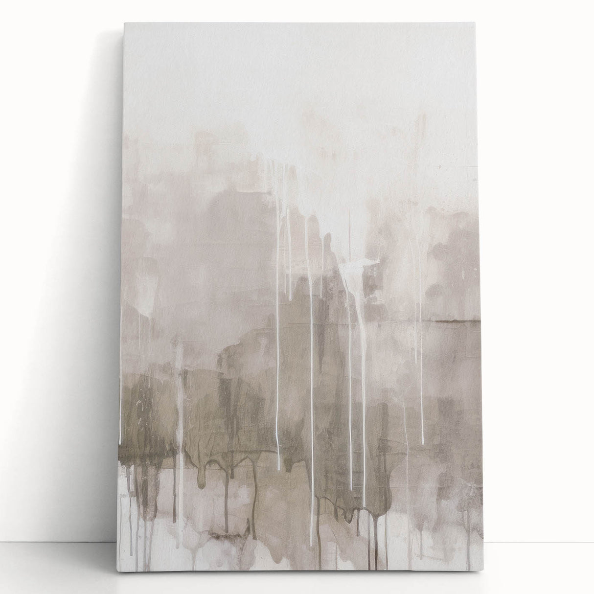 Abstract modern wall art featuring vibrant colors and geometric shapes, printed on stretched canvas, leaning against a neutral wall, ideal for contemporary decor.