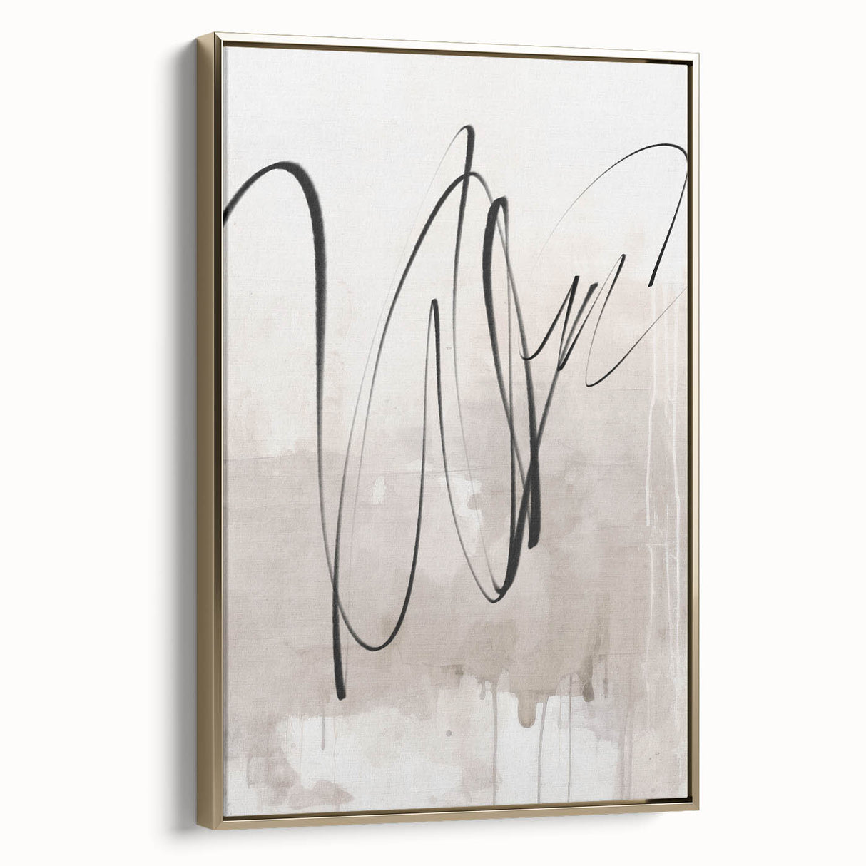 Framed modern abstract wall art featuring a gold and black design, elegantly displayed at a side angle, perfect for contemporary decor. Ideal for adding a touch of sophistication to any room.