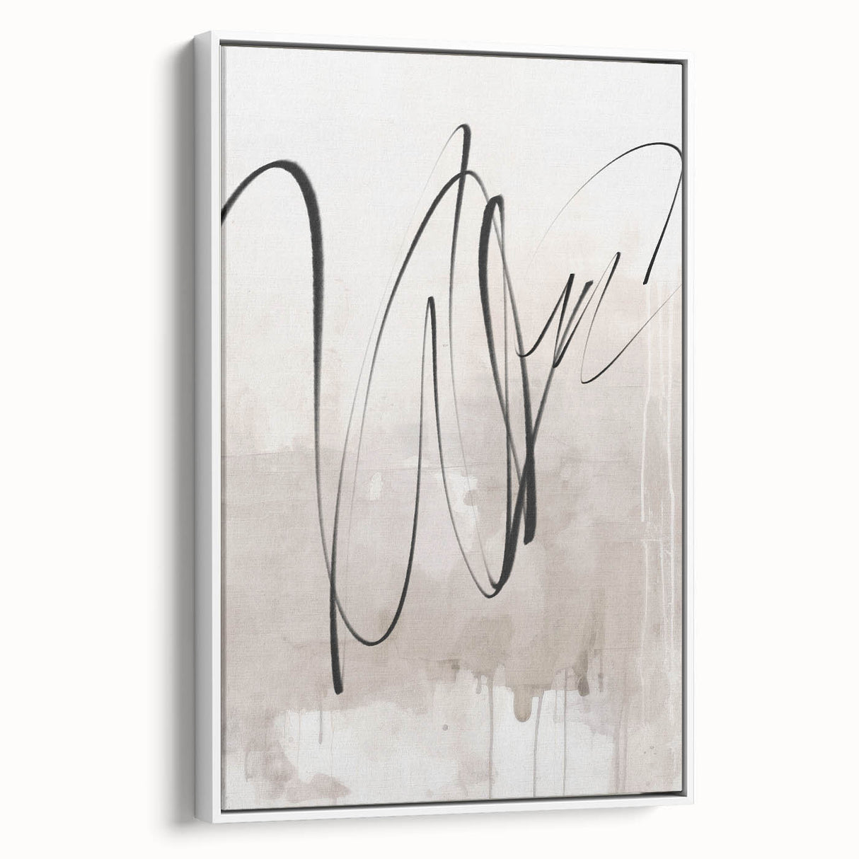 Framed abstract modern wall art showcasing a vibrant geometric design with white and colorful elements, displayed in a stylish living room setting.