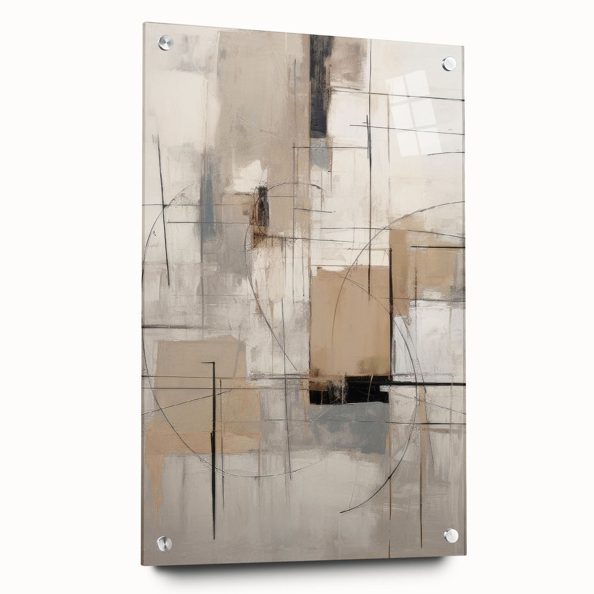Abstract modern wall art collection displayed in acrylic glass, showcasing vibrant colors and geometric shapes, mounted with stylish pins for a contemporary aesthetic.