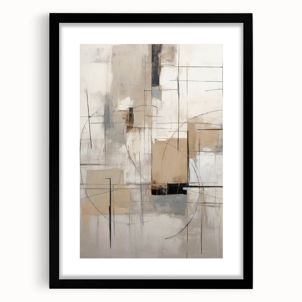 Black-framed modern abstract wall art featuring geometric shapes and vibrant colors, designed to enhance contemporary home decor aesthetics. This piece adds a stylish touch to any living space with its sleek design and eye-catching composition.