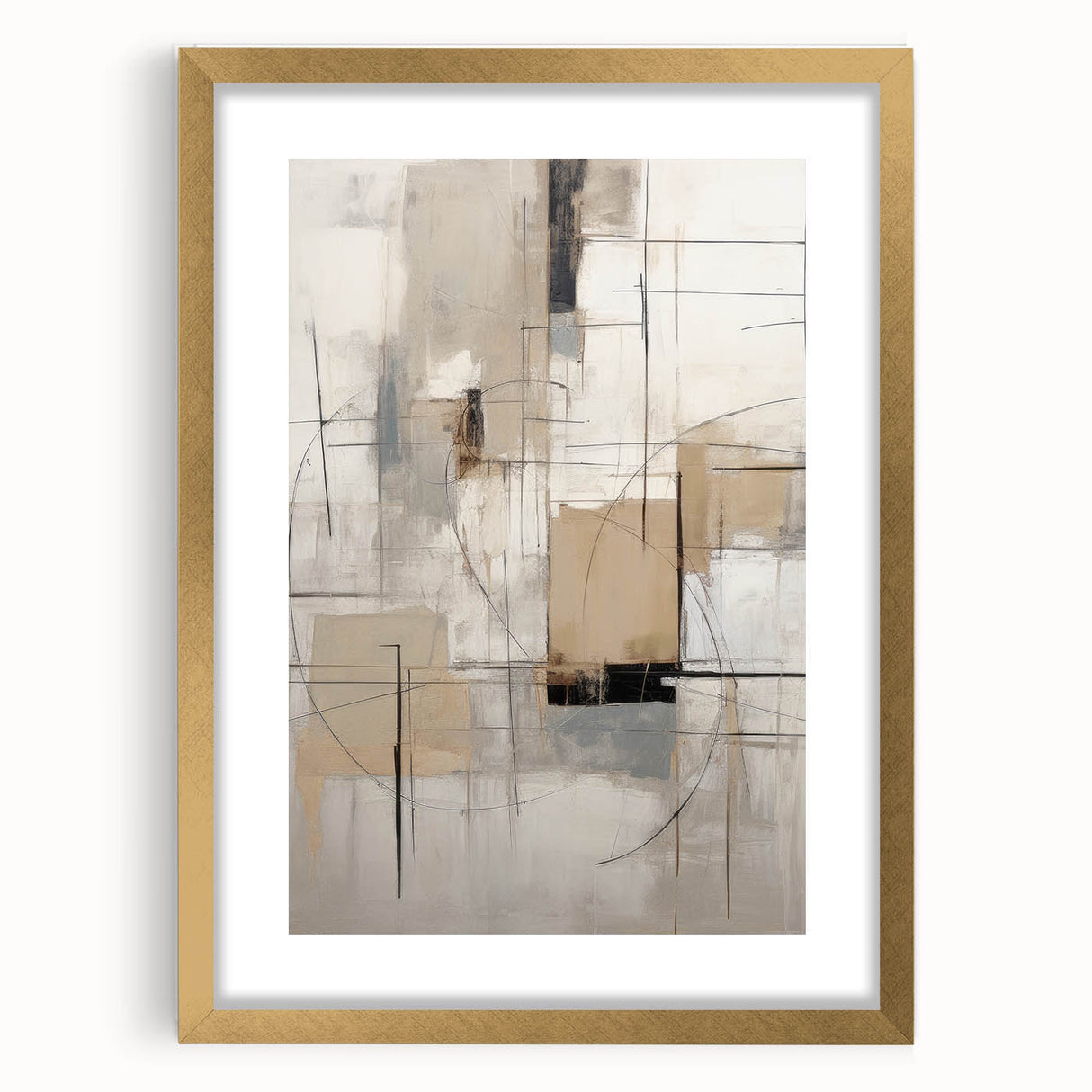 Abstract modern wall art collection featuring a gold-framed design with a mat. The piece showcases vibrant colors and geometric patterns, enhancing contemporary decor.