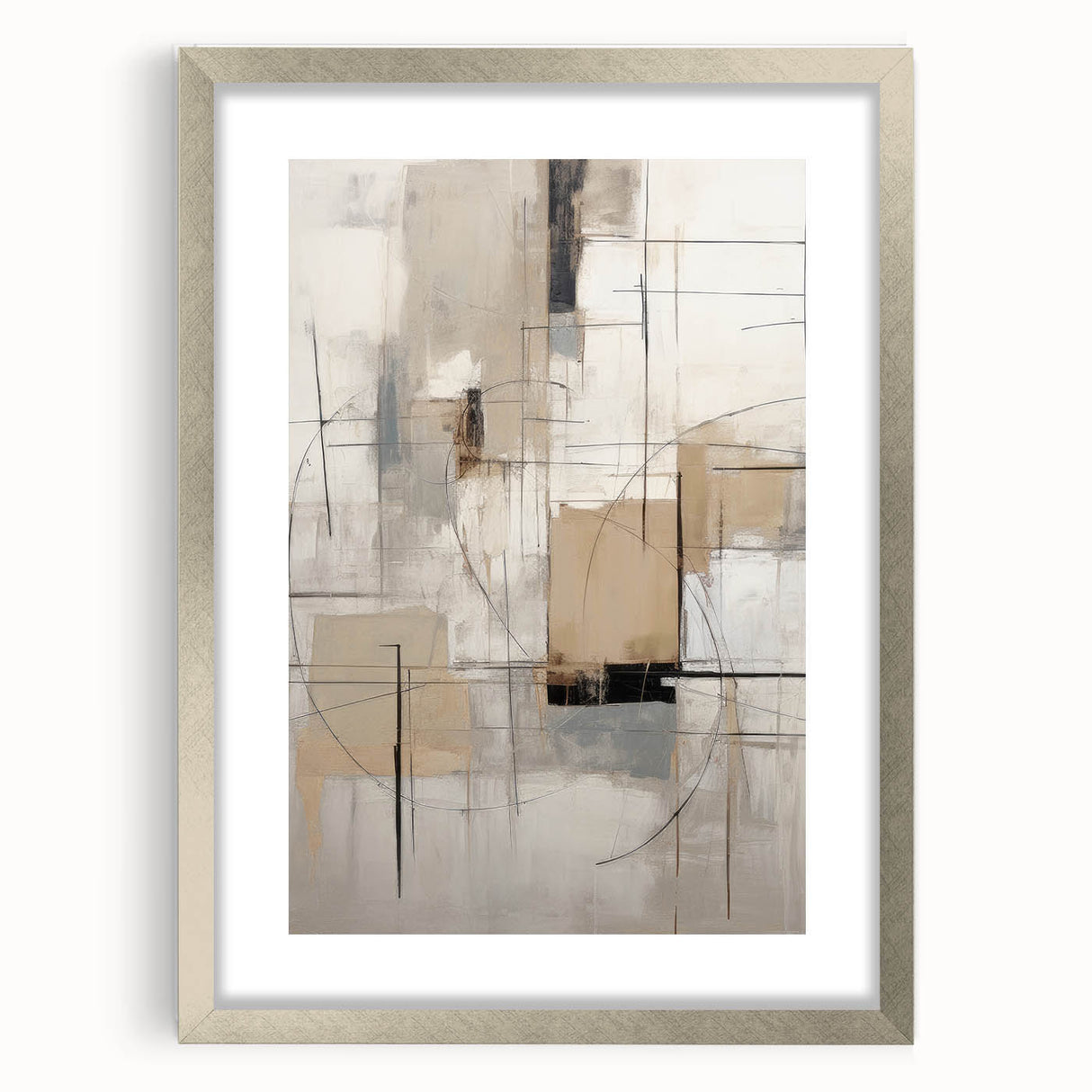 Abstract modern wall art design featuring a sleek silver frame and mat, showcasing vibrant colors and geometric patterns, perfect for contemporary home decor.