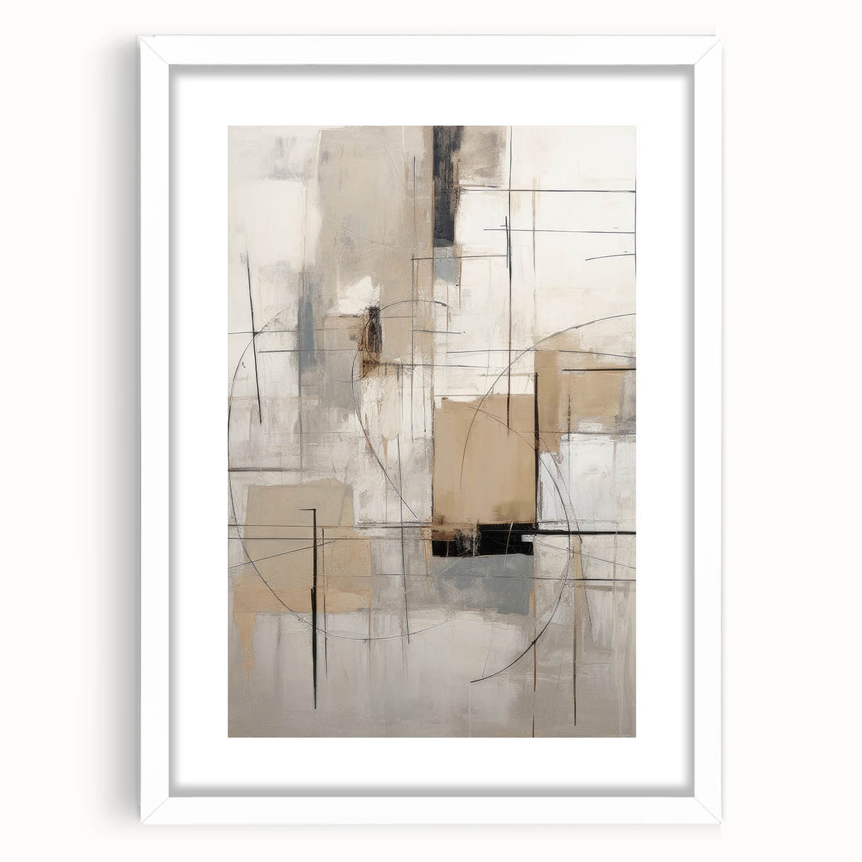 Abstract modern design wall art collection framed with a white mat, showcasing geometric patterns and vibrant colors, ideal for contemporary home decor.