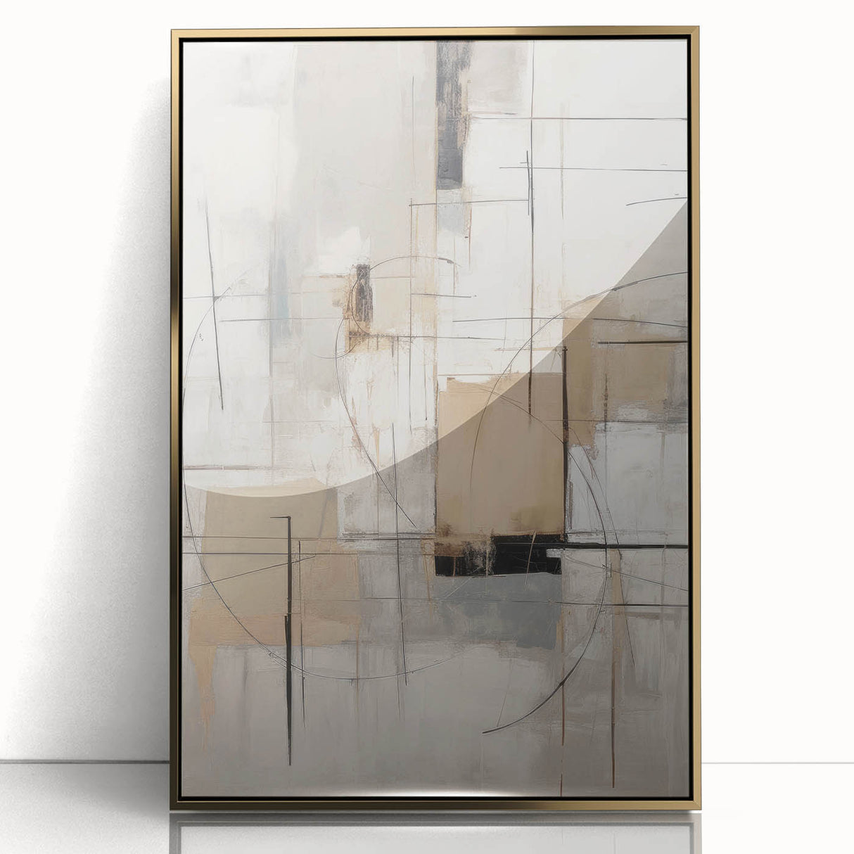Framed abstract modern wall art featuring a gold acrylic design, showcasing bold geometric shapes on a sleek background, perfect for contemporary decor.
