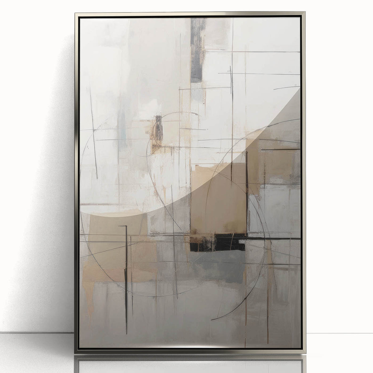 Framed abstract modern wall art collection featuring a sleek silver design, showcasing geometric shapes and vibrant colors, perfect for contemporary home decor.