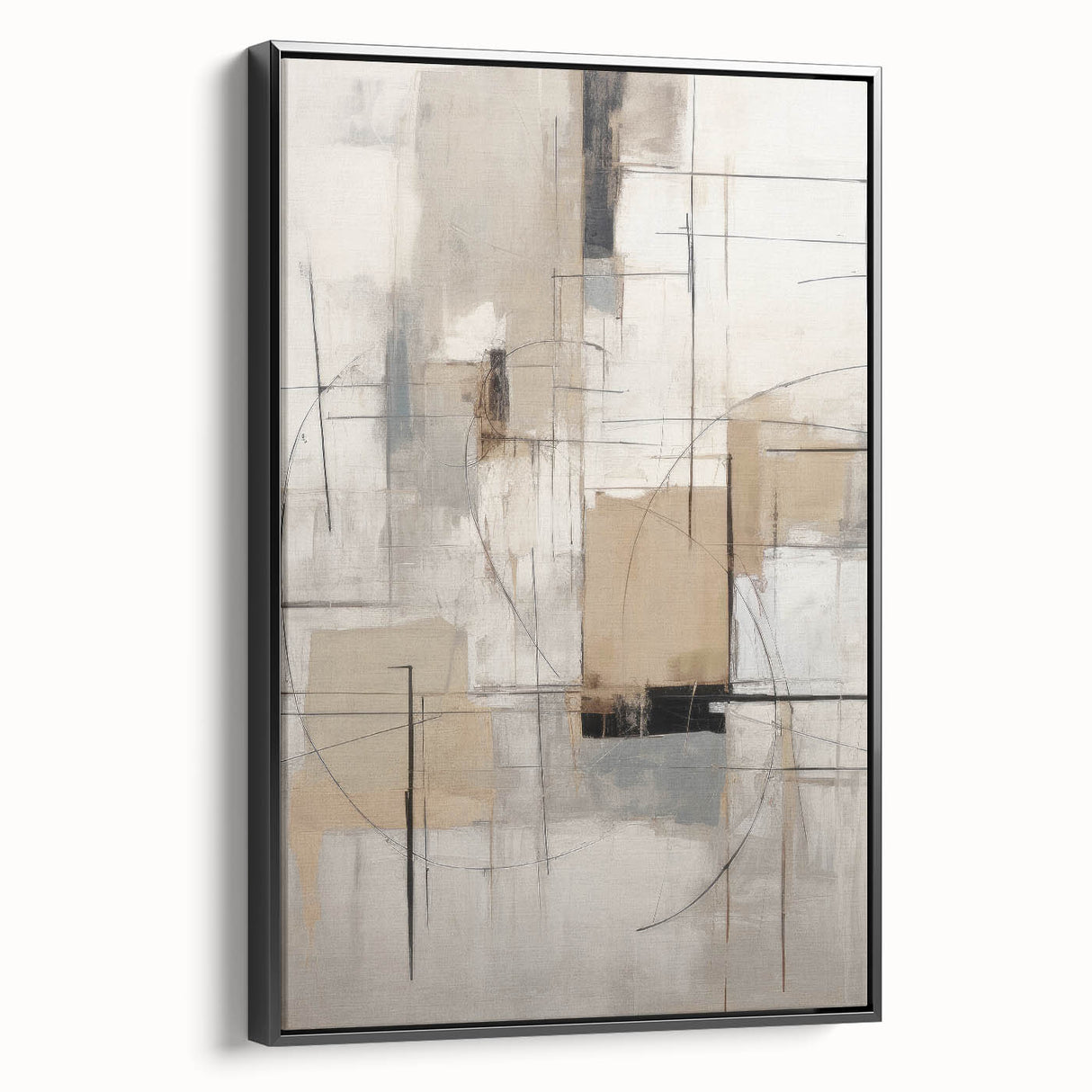 Framed canvas wall art displaying an abstract modern design with geometric shapes in black and white, viewed from the side, ideal for contemporary decor.