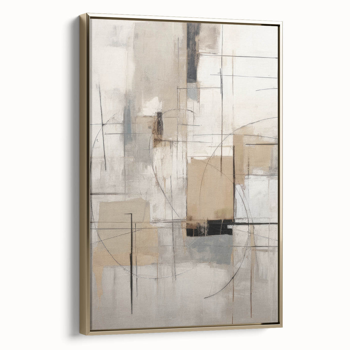 Framed canvas wall art showcasing an abstract modern design with gold accents, displayed at an angle to highlight its sleek profile and contemporary style. Perfect for enhancing modern home decor.