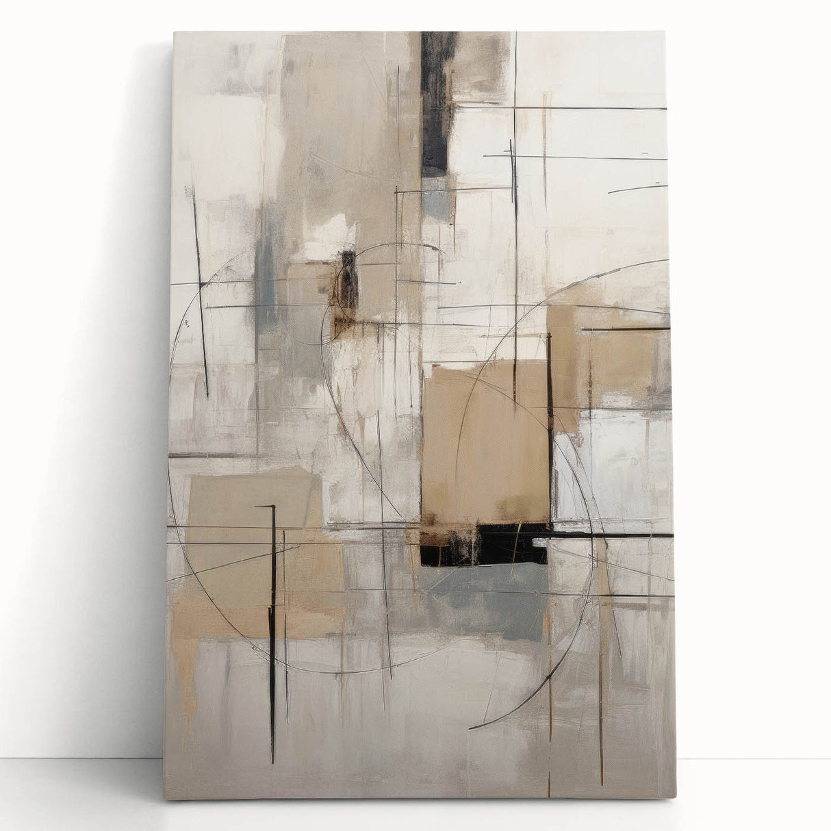 Abstract modern wall art in vibrant colors featuring geometric shapes on stretched canvas, leaning against a neutral wall, perfect for contemporary decor.