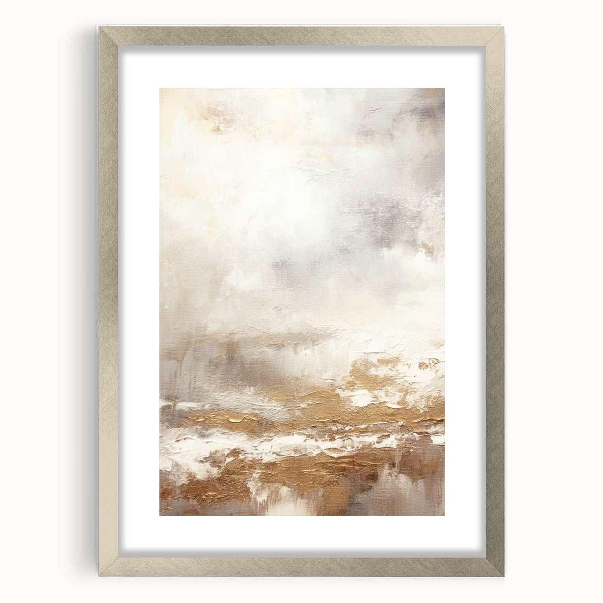 Abstract modern wall art collection featuring a sleek silver frame and mat, showcasing a vibrant geometric design. Ideal for contemporary home decor, this piece adds a stylish touch to any room.