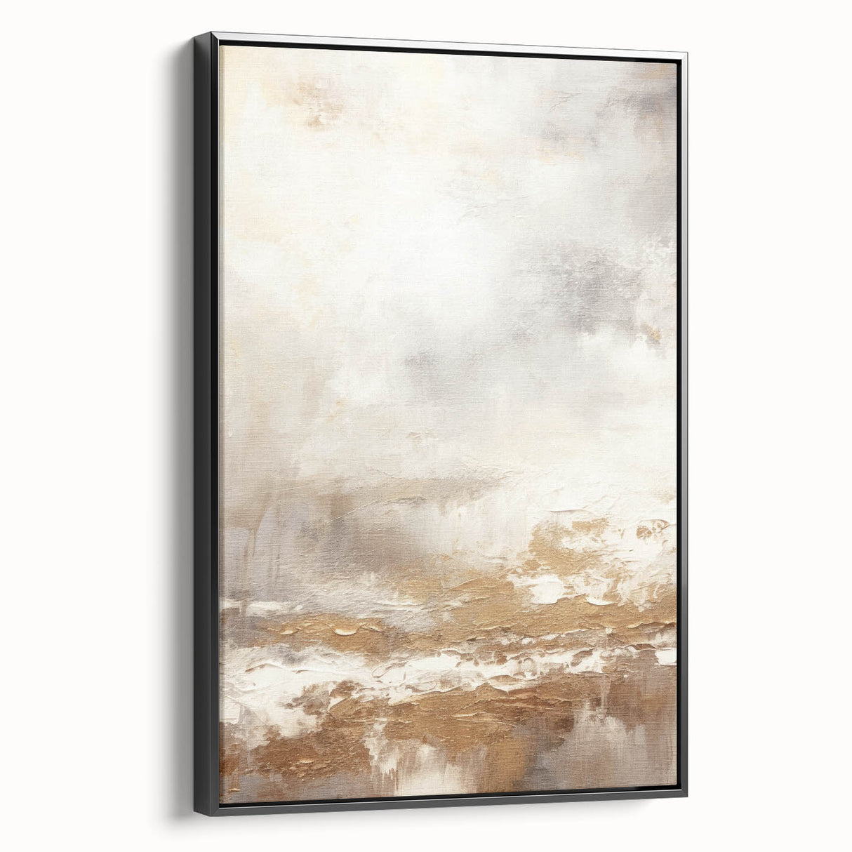 Framed abstract modern wall art with geometric patterns in vibrant colors and black accents, showcasing a sleek side view against a minimalist background.