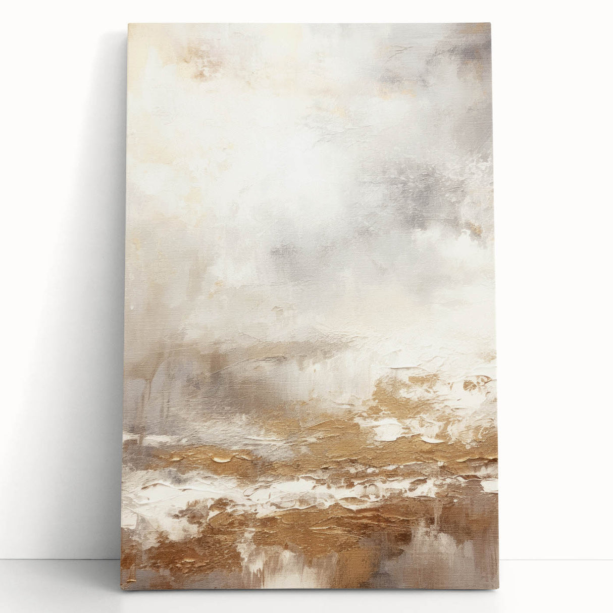 Abstract modern design wall art collection featuring vibrant colors and geometric shapes, printed on stretched canvas and leaning against a neutral-toned wall, perfect for contemporary home decor.