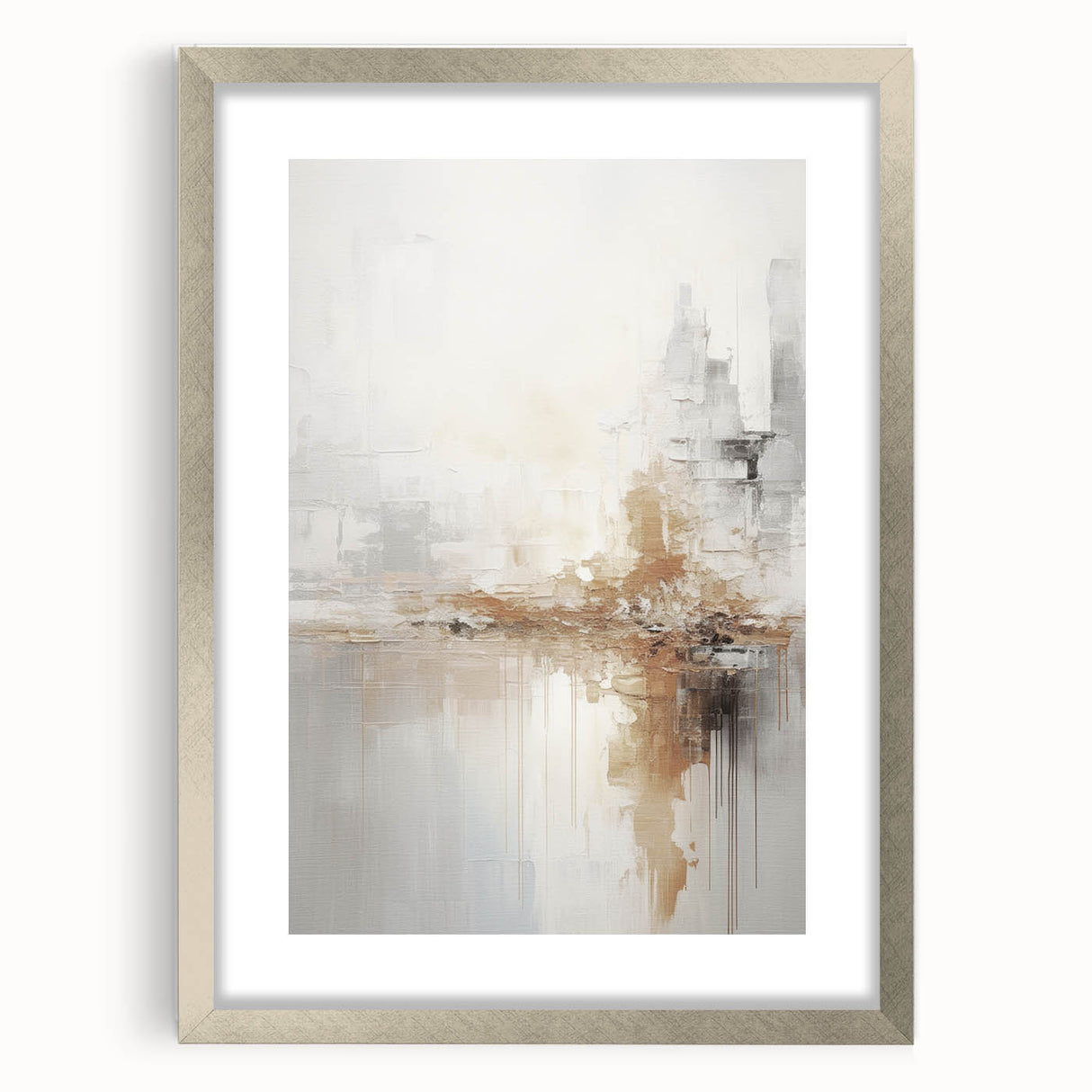 Abstract modern wall art collection featuring a sleek silver frame and mat, showcasing vibrant colors and geometric patterns, ideal for contemporary home decor.