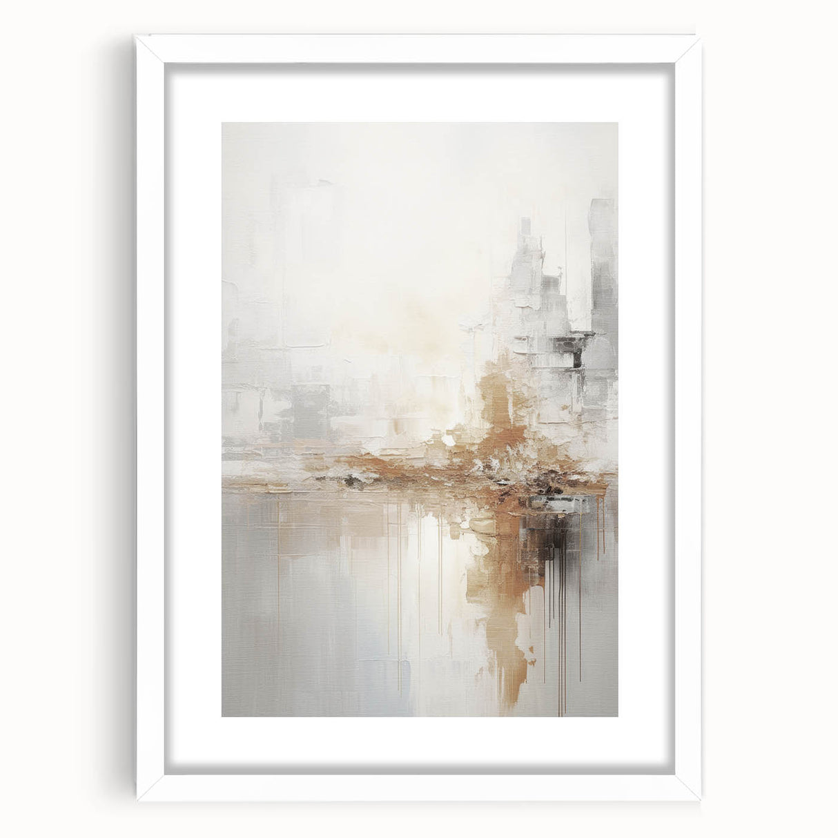 Abstract modern wall art collection featuring a white frame and mat, showcasing vibrant geometric designs that enhance contemporary decor aesthetics. Ideal for living spaces or office interiors.