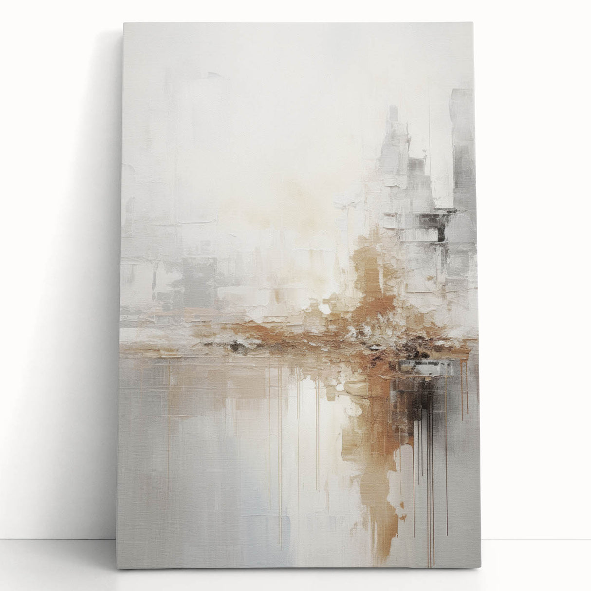 Abstract modern design wall art collection featuring vibrant colors and dynamic shapes on stretched canvas, elegantly leaning against a neutral wall. Ideal for contemporary home decor.