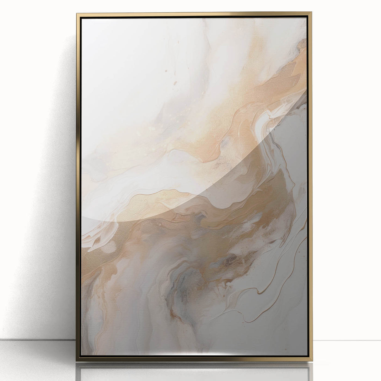 Framed abstract modern wall art design showcasing gold accents and a sleek acrylic front, perfect for contemporary decor in living spaces or offices.