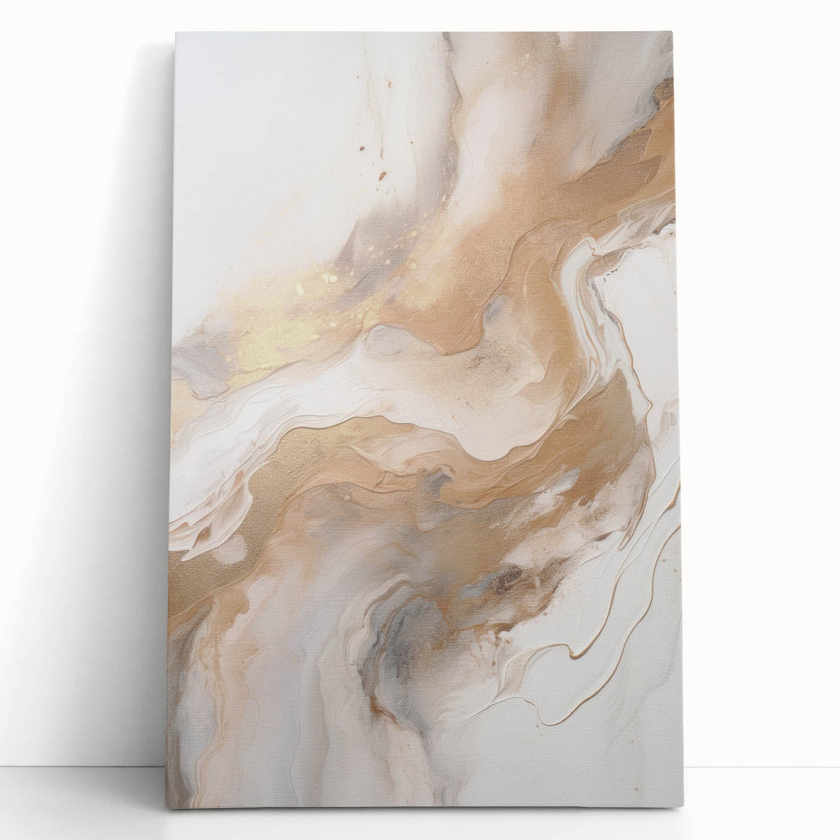 Abstract modern wall art on stretched canvas showcasing vibrant colors and dynamic shapes, elegantly leaning against a wall, perfect for contemporary decor.
