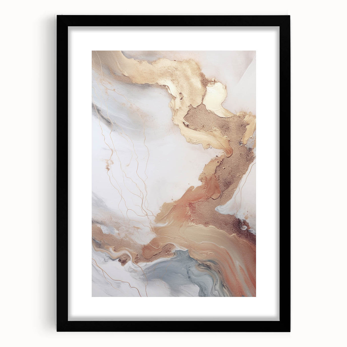 Abstract modern wall art collection featuring a sleek black frame and mat, displaying a vibrant geometric design. Ideal for contemporary home decor.