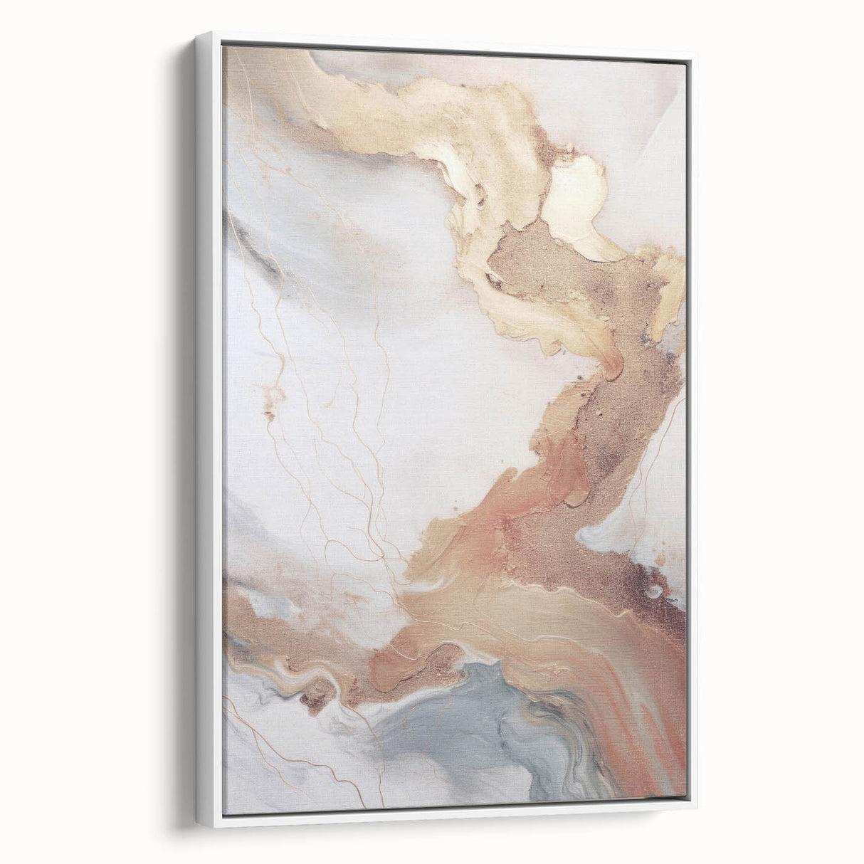Framed abstract modern wall art collection showcasing dynamic shapes and muted colors, displayed from a side view against a neutral background. Ideal for contemporary home décor.