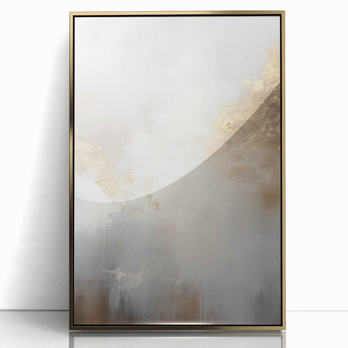 Framed acrylic wall art featuring an abstract modern design with gold accents, displaying a contemporary aesthetic ideal for home decor and interior styling.