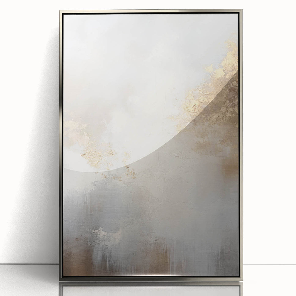 Framed abstract modern wall art collection featuring a sleek silver design, showcasing vibrant colors and dynamic shapes, perfect for contemporary home decor.