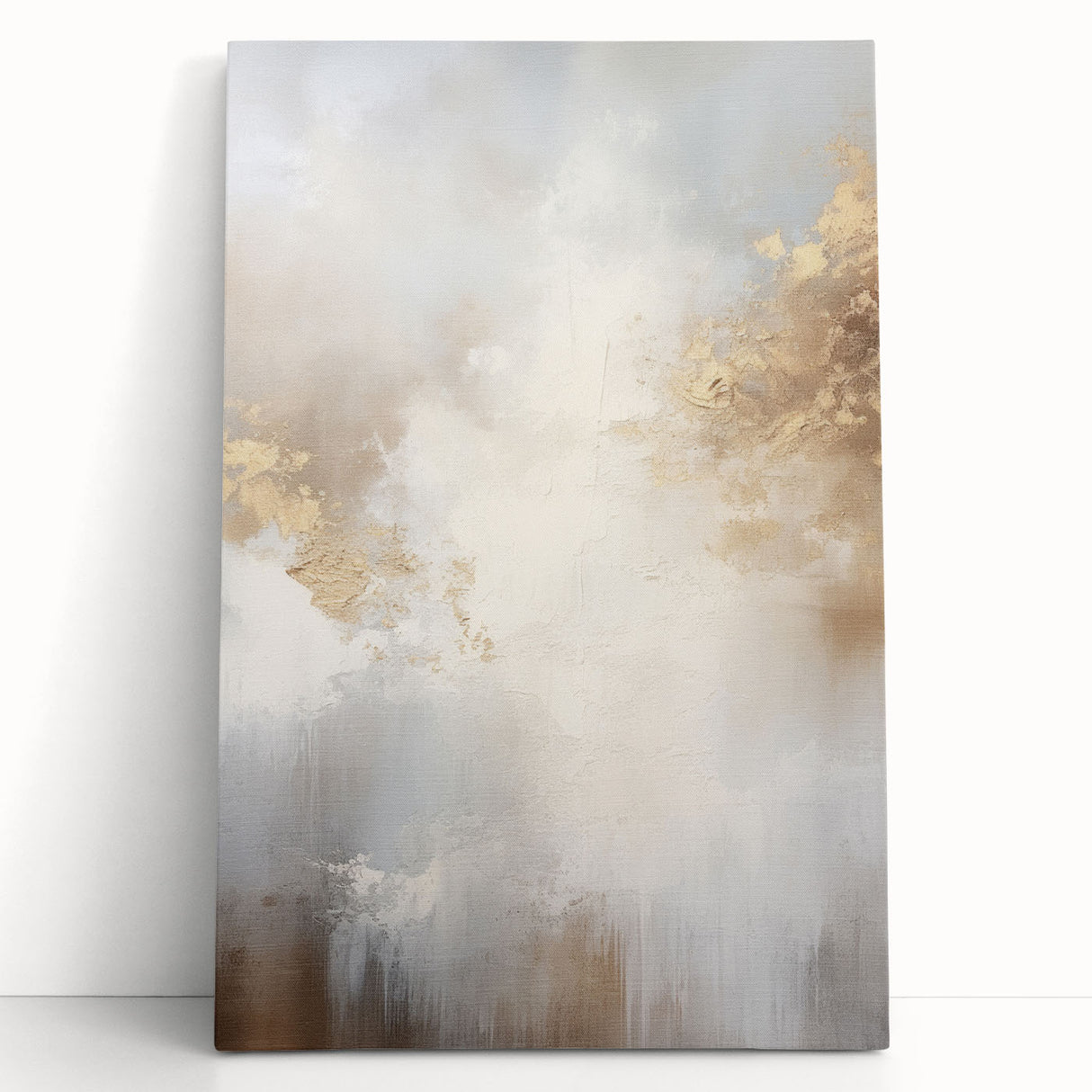 Abstract modern wall art collection displayed on a stretched canvas, featuring vibrant colors and geometric patterns, leaning against a minimalist wall, perfect for contemporary home decor.