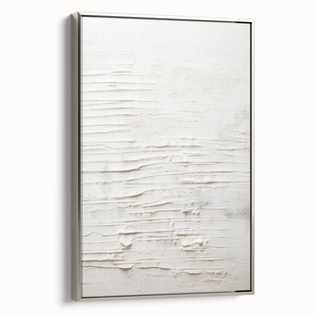 Framed canvas wall art showcasing an abstract modern design in silver tones, highlighting geometric shapes and a sleek aesthetic, perfect for contemporary decor.