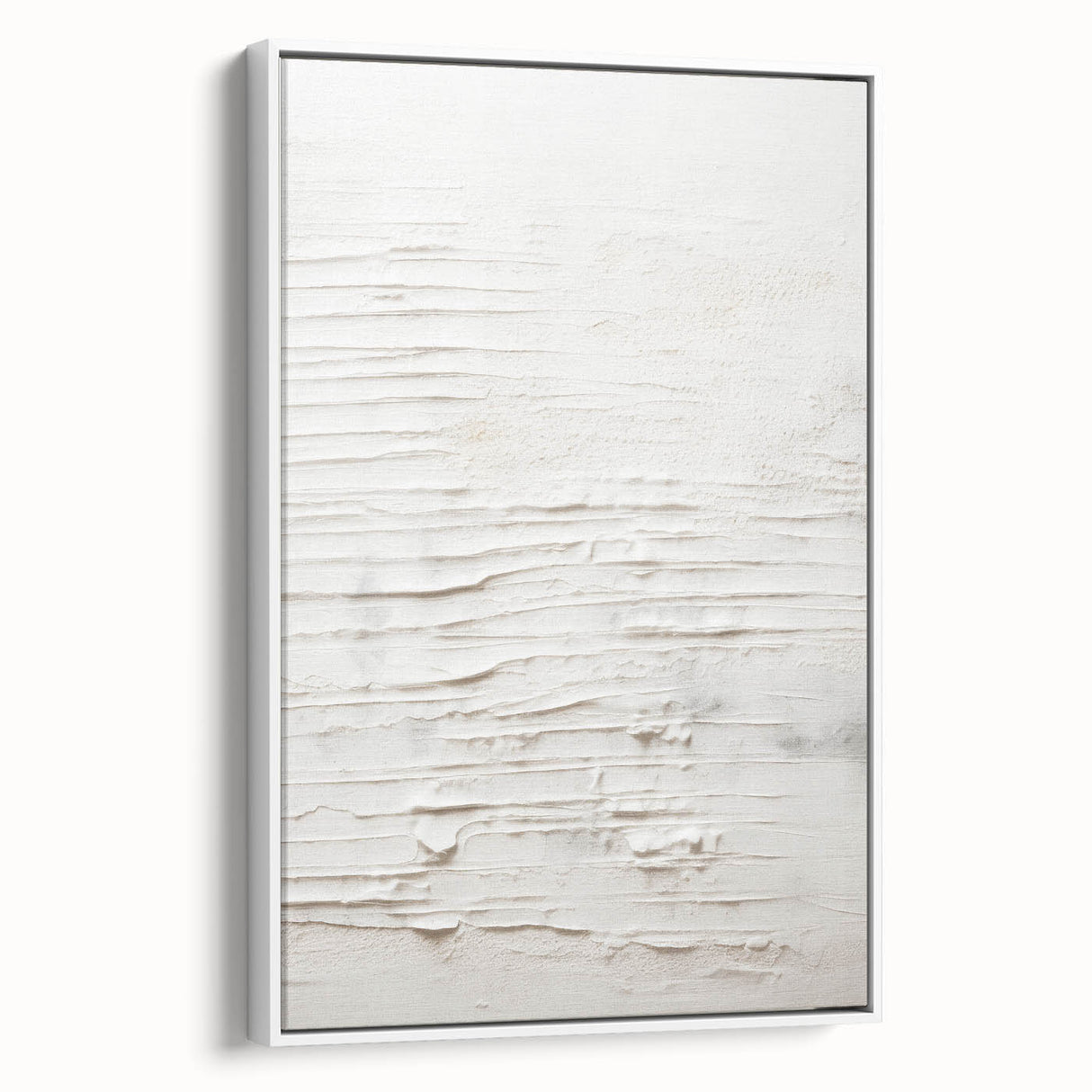 Framed abstract modern wall art featuring a minimalist design in soft colors, showcasing an elegant white frame and a sleek side profile against a neutral background.