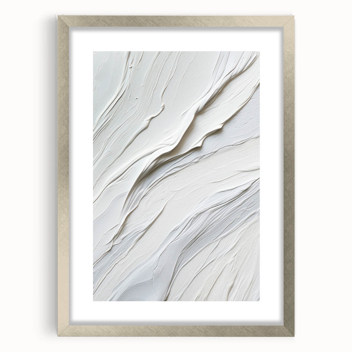 Abstract modern design wall art collection showcasing a silver-framed piece with a mat. The artwork features a contemporary aesthetic, perfect for enhancing interior decor.