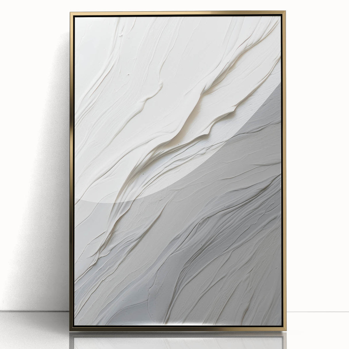 Framed abstract modern wall art design featuring gold accents, ideal for contemporary home decor. This acrylic piece showcases a sleek front view, enhancing any living space.